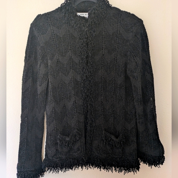 Vintage Y2K Nine West Black Velour Cardigan sz M Fringe Grunge Whimsigoth Punk - Picture 1 of 11